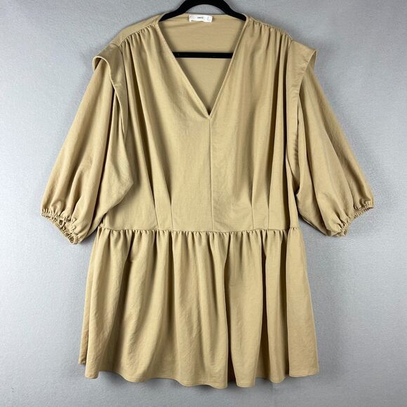 Mango Smock Mini Dress Women Large Tan V Neck Boho Relaxed Peasant Cottagagecore - Picture 1 of 14